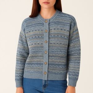 Harley of Scotland Winter Blue Fair Isle Wool Cardigan Sweater Womens Size Large
